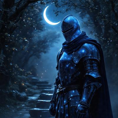 The primary subject of the image is a knight in a suit of armor, standing in a forest at night. The setting is a dark forest with a moon in the background, creating a mysterious and atmospheric scene. The visual style is a digital art or illustration, with the knight's armor and the forest environment being depicted in a detailed and realistic manner. The colors and mood of the image are predominantly dark, with the moonlight providing a soft, glowing illumination.