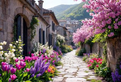 The primary subject of the image is a narrow alleyway lined with colorful flowers, including pink and purple tulips. The setting is a quaint, old-world village with stone buildings and a mountainous backdrop. The visual style is a photo, capturing the vibrant colors and natural beauty of the flowers and the alley. The colors and mood of the image are lively and cheerful, with the flowers adding a touch of warmth and charm to the scene.