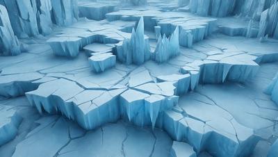 The primary subject of the image is a large, blue, icy landscape with a variety of ice formations. The setting is a frozen, snowy environment, and the visual style appears to be a combination of photo and digital art. The dominant colors are blue and white, creating a cold and icy atmosphere.