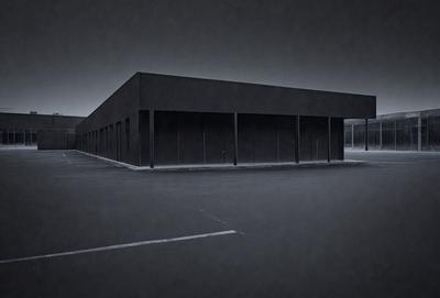 The primary subject of the image is a large building with a black exterior. The building is situated in a parking lot, and there are several parking spaces visible around it. The setting is a dark parking lot, and the visual style appears to be a photo. The colors and mood of the image are dark and moody, with the black building and parking lot creating a sense of mystery and enigma.