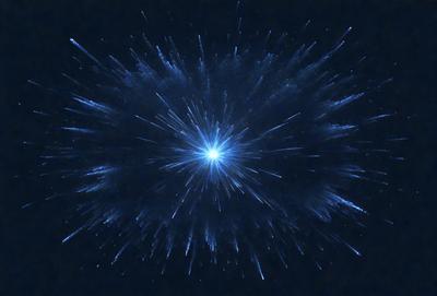 The primary subject of the image is a bright blue light, which appears to be a star or a light source. The setting is a dark, starry sky, with the light source being the main focus of the image. The visual style is a combination of a photo and digital art, creating a unique and captivating scene. The colors and mood of the image are predominantly dark and mysterious, with the bright blue light standing out against the black background.