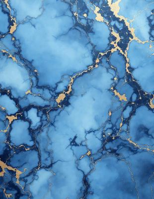 The primary subject of the image is a blue and gold marbled surface, which appears to be a wall or a piece of artwork. The setting is a room with a blue and gold marbled wall, and the visual style is a close-up of the marbled surface. The colors and mood of the image are predominantly blue and gold, creating a luxurious and elegant atmosphere.