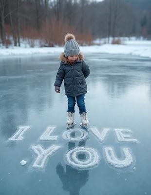 The primary subject of the image is a young child standing on a frozen lake, surrounded by snow. The child is wearing a hat and is positioned in the center of the scene. The setting is a snowy landscape with a frozen lake, creating a serene and wintry atmosphere. The visual style of the image is a combination of photo and digital art, as it captures the child's presence in the snowy environment. The colors and mood of the image are predominantly white and cold, reflecting the