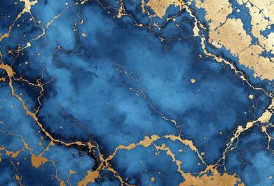 The primary subject of the image is a blue and gold marbled wall. The setting is a room with a blue and gold marbled wall, which serves as the background. The visual style is a combination of a photo and digital art, creating a unique and intricate design. The dominant colors are blue and gold, giving the wall a luxurious and elegant appearance.