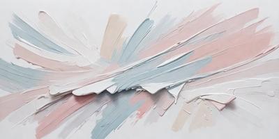 The primary subject of the image is a painting, which is displayed on a white surface. The painting features a mix of colors, including pink, blue, and white. The setting is a white background, which provides a clean and uncluttered appearance. The visual style of the image is a painting, showcasing the artist's skill and creativity. The colors and mood of the painting are vibrant and lively, creating a sense of energy and liveliness.