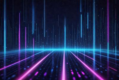 The primary subject of the image is a futuristic, neon-colored environment. The setting is a dark, cloudy sky with a purple hue. The visual style is a combination of digital art and illustration, creating a vibrant and dynamic atmosphere. The colors and mood are predominantly purple and pink, giving the scene a sense of mystery and intrigue.