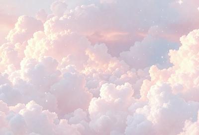 The primary subject of the image is a cloudy sky filled with white clouds. The setting is a pink and white sky, which creates a serene and calming atmosphere. The visual style is a combination of photo and digital art, as the clouds are depicted in a realistic manner while the overall composition is artistic. The colors and mood of the image are predominantly pink and white, giving it a soft and dreamy quality.