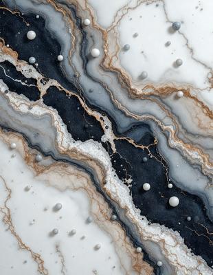 The primary subject of the image is a marble-like surface with a black and white color scheme. The setting is a rocky surface, possibly a marble countertop, with a patterned design. The visual style is a close-up of the marble surface, showcasing its intricate patterns and textures. The colors and mood of the image are dramatic and elegant, with the black and white color scheme adding a sense of sophistication and timelessness.