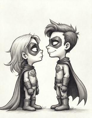 The image features a boy and a girl dressed in superhero costumes, standing next to each other. The boy is wearing a cape and a mask, while the girl is wearing a heart-shaped cape. They appear to be posing for a picture, possibly in a comic book or superhero-themed setting. The overall atmosphere of the image is playful and fun, with the superhero costumes adding a sense of adventure and excitement.