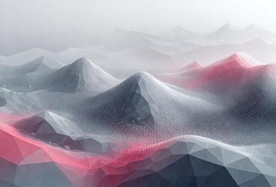The primary subject of the image is a mountainous landscape with a red hue. The setting is a foggy, cloudy environment, creating a moody atmosphere. The visual style is a combination of digital art and illustration, with a focus on the mountain's intricate details. The dominant colors are red and gray, with the red hue adding a striking contrast to the overall scene.