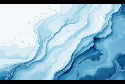 The primary subject of the image is a blue and white ocean wave. The setting is the ocean, with the wave crashing against the surface. The visual style is a digital art or illustration, creating a dynamic and vibrant scene. The dominant colors are blue and white, giving the image a calming and serene atmosphere.