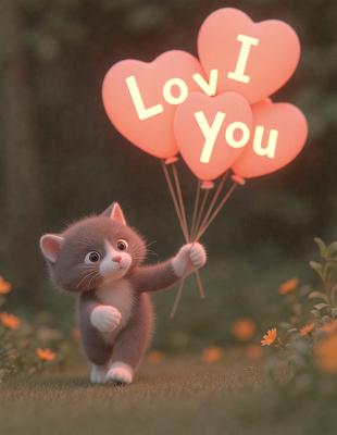 The primary subject of the image is a small gray and white cat. The cat is holding onto a pink heart-shaped balloon, which is floating in the air. The setting is a grassy field, and the visual style appears to be a digital art or illustration. The dominant colors in the image are pink and gray, creating a warm and playful atmosphere.