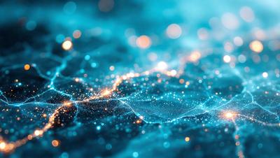 The primary subject of the image is a blue background with a pattern of bright lights, creating a visually striking and colorful scene. The setting appears to be a space or an abstract environment, with the lights forming a web-like pattern. The visual style of the image is a combination of photo and digital art, as it captures the vibrant colors and intricate patterns of the lights. The overall atmosphere of the image is lively and energetic, with the bright lights and blue background creating a sense of movement and dynamism