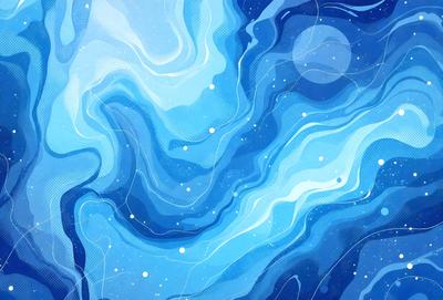 The primary subject of the image is a blue and white swirling pattern, which appears to be a digital art or illustration. The setting is a blue background, and the visual style is a combination of digital art and illustration. The dominant colors are blue and white, creating a calm and soothing atmosphere.