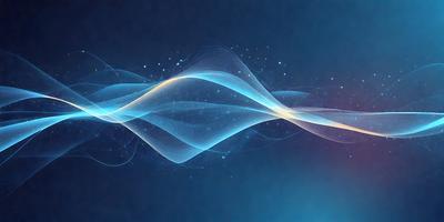 The primary subject of the image is a blue and yellow light wave, which appears to be a digital art or illustration. The setting is a blue background, and the visual style gives the impression of a futuristic or technological environment. The colors and mood of the image are predominantly blue and yellow, creating a sense of energy and movement.