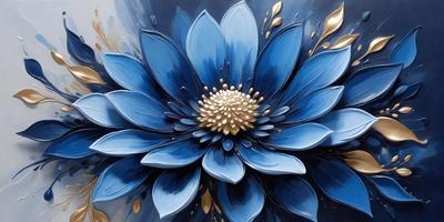 The primary subject of the image is a blue flower with a gold center. The setting is a painting, and the visual style is a combination of digital art and illustration. The dominant colors are blue and gold, creating a serene and calming atmosphere.