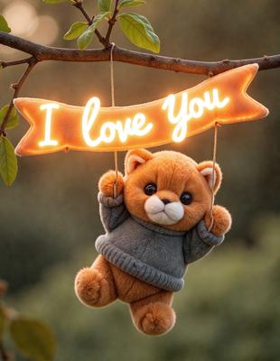 The primary subject of the image is a teddy bear. The setting is a tree, with the teddy bear hanging from a branch. The visual style is a photo, and the colors and mood are warm and inviting.