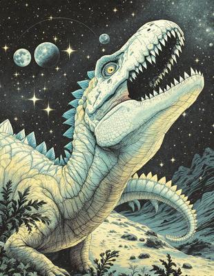 The primary subject of the image is a large, white, and blue dinosaur with a long neck and sharp teeth. The dinosaur is standing on a rocky surface, with a backdrop of a night sky filled with stars. The visual style of the image is a combination of digital art and illustration, creating a detailed and vibrant scene. The colors and mood of the image are predominantly dark and dramatic, with the dinosaur and the night sky serving as the main focal points.