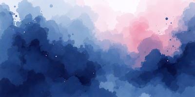 The primary subject of the image is a blue and white cloudy sky. The setting is a cloudy sky with a pink and blue hue, creating a serene and calming atmosphere. The visual style is a watercolor painting, giving the image a unique and artistic appearance. The colors and mood convey a sense of tranquility and beauty, as the viewer gazes upon the cloudy sky.
