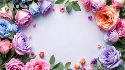 The primary subject of the image is a bouquet of flowers, which are arranged in a circular pattern on a white surface. The flowers are of various colors, creating a vibrant and lively atmosphere. The setting appears to be a studio or a controlled environment, as the flowers are neatly arranged and the background is clean and uncluttered. The visual style of the image is a combination of photo and digital art, as the flowers are realistically depicted while the circular arrangement and white background suggest a digital art or illustration