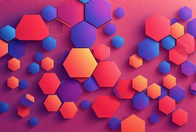The primary subject of the image is a colorful geometric pattern, featuring a mix of red, blue, and orange hues. The pattern is displayed on a pink background, creating a vibrant and lively atmosphere. The visual style of the image is a combination of digital art and illustration, with the geometric shapes and colors creating a unique and eye-catching design.