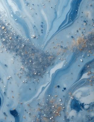 The primary subject of the image is a blue and white swirling pattern, which appears to be a painting or a digital artwork. The setting is a blue background, and the visual style is a combination of painting and digital art. The colors and mood of the image are predominantly blue and white, creating a sense of calmness and tranquility.