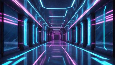 The primary subject of the image is a long, brightly lit hallway with a purple and blue color scheme. The setting is a futuristic, underground environment, possibly a space station or a subterranean facility. The visual style is a combination of digital art and illustration, creating a vibrant and dynamic atmosphere. The colors and mood convey a sense of excitement and wonder, as the viewer is drawn into the captivating and unique world of the hallway.