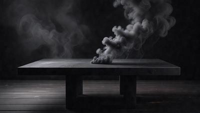The primary subject of the image is a cigarette butt, which is sitting on a wooden table. The setting is a dark room, and the visual style appears to be a black and white photo. The dominant colors are black and white, and the overall atmosphere is somewhat moody and dramatic.