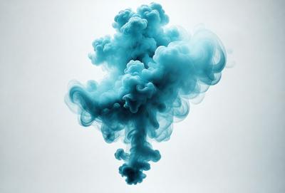 The primary subject of the image is a blue smoke or vapor, which appears to be rising or billowing upwards. The setting is a white background, which provides a clean and minimalist appearance. The visual style is a combination of a photo and digital art, as the blue smoke is depicted in a realistic manner while the overall composition and lighting suggest a digital artwork. The colors and mood of the image are predominantly blue, creating a sense of calmness and tranquility.