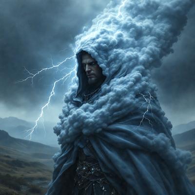 The primary subject of the image is a man wearing a blue robe and a hood. He is standing in a field with a cloudy sky in the background. The visual style of the image is digital art, and the colors and mood suggest a somewhat dark and moody atmosphere.