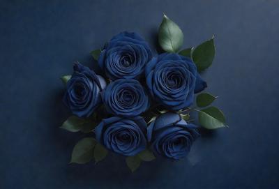 The primary subject of the image is a bouquet of blue roses. The setting is a dark blue background, which creates a dramatic and moody atmosphere. The visual style is a close-up of the bouquet, showcasing the details of the flowers. The colors and mood of the image are predominantly dark and mysterious, with the blue roses being the main focal point.
