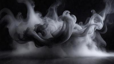 The primary subject of the image is a large, swirling cloud of smoke. The setting is a dark room, and the visual style appears to be a combination of a photo and digital art. The cloud of smoke is the main focus of the image, and it creates a dramatic and moody atmosphere.