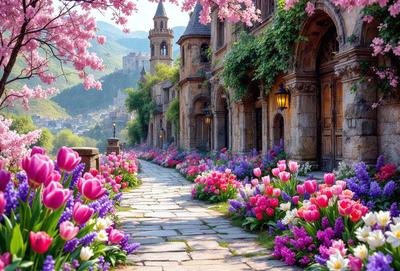 Primary subject: A beautifully decorated pathway with a variety of flowers, including tulips and daffodils, lining the street.

Setting/background: The pathway is situated between two old buildings, creating a charming and historic atmosphere.

Visual style: The image is a photo, capturing the vibrant colors and intricate details of the flowers and the surrounding environment.

Colors and mood: The dominant colors are pink, purple, and white, creating a warm and