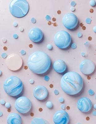 The primary subject of the image is a collection of blue glass balls. The setting is a purple background, which adds a contrasting color to the scene. The visual style appears to be a combination of a photo and digital art, as the blue glass balls are displayed in a patterned manner. The colors and mood of the image are predominantly blue, creating a calm and serene atmosphere.
