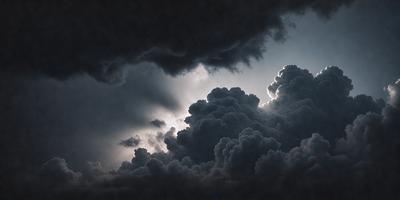 The primary subject of the image is a cloudy sky with dark clouds. The setting is a nighttime scene, and the visual style appears to be a photo. The sky is filled with dark clouds, creating a moody atmosphere. The colors in the image are predominantly dark shades, such as black, gray, and brown, which contribute to the overall mood of the scene.