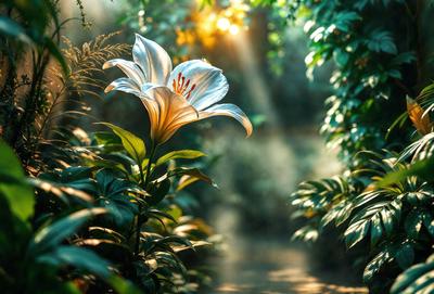 Primary subject: A white flower with orange tips, surrounded by green leaves.

Setting/background: The flower is located in a forest, with green plants and trees in the background.

Visual style: The image is a photo of the flower in its natural environment.

Colors and mood: The white flower with orange tips stands out against the green leaves, creating a sense of freshness and natural beauty.