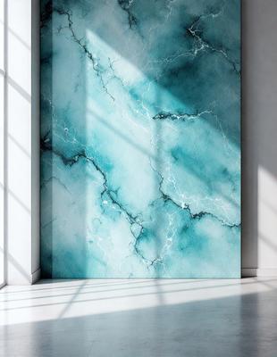 The primary subject of the image is a large, blue, marbled wallpaper. The setting is a room with a white wall, and the visual style is a digital art or illustration. The dominant colors are blue and white, creating a calm and serene atmosphere.