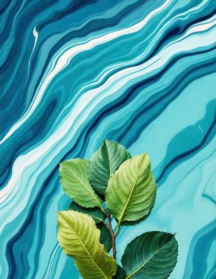 The primary subject of the image is a leafy green plant, which is the main focus of the scene. The plant is situated on a blue and white striped surface, which serves as the setting or background. The visual style of the image is a photo, capturing the plant in its natural environment. The colors in the image are predominantly green and blue, creating a calm and serene atmosphere.