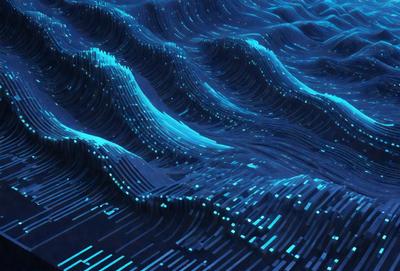 The primary subject of the image is a computer-generated, blue ocean with a wave pattern. The setting is a digital artwork, and the visual style is a combination of a photo and a digital illustration. The dominant colors are blue and green, creating a serene and calming atmosphere.