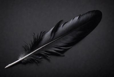 The primary subject of the image is a black feather, which is the main object, scene, or focus of the image. The setting is a dark background, which creates a dramatic and moody atmosphere. The visual style is a close-up of the feather, showcasing its details and texture. The colors are predominantly black, with the feather being the only visible object, giving the image a monochromatic appearance.
