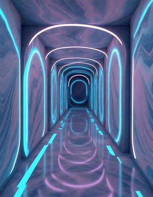 The primary subject of the image is a long, narrow, and brightly lit tunnel with a blue color scheme. The tunnel appears to be made of marble and features a reflective surface, giving it a futuristic and modern appearance. The setting is a tunnel, and the visual style is a combination of photo and digital art. The colors and mood of the image are predominantly blue, creating a sense of calmness and tranquility.