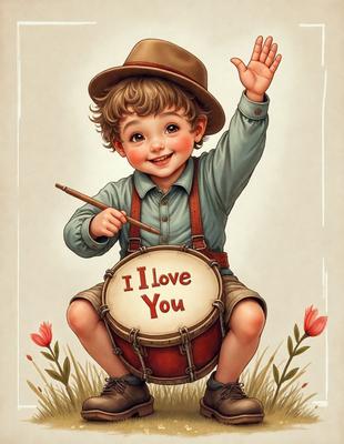 The primary subject of the image is a young boy sitting on the ground and holding a drum. The setting is a grassy area, and the visual style appears to be a combination of digital art and illustration. The colors are predominantly warm and inviting, creating a cheerful and playful atmosphere.