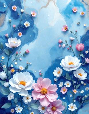 The primary subject of the image is a beautiful arrangement of white and pink flowers, with some blue accents. The flowers are placed on a blue background, creating a visually striking contrast. The visual style of the image is a combination of digital art and illustration, giving it a unique and artistic appearance. The colors and mood of the image are predominantly white, pink, and blue, creating a serene and calming atmosphere.