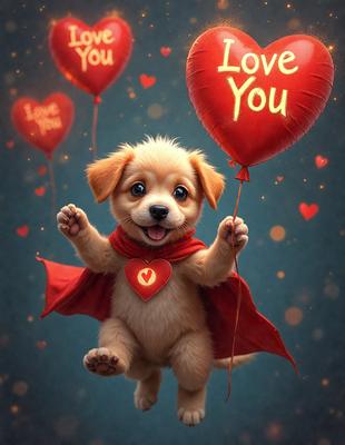 The primary subject of the image is a small dog wearing a red cape and holding a red balloon. The dog is smiling and appears to be enjoying the moment. The setting is a blue background, which adds a contrasting color to the scene. The visual style is a digital art, as the dog and balloon are depicted in a cartoon-like manner. The colors and mood of the image are cheerful and light-hearted, as the dog's smile and the red balloon
