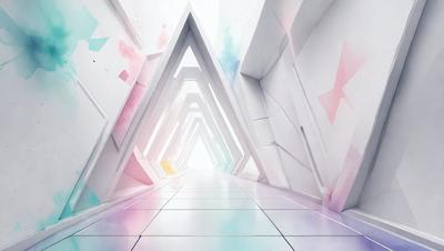 The primary subject of the image is a white tunnel with a blue and pink stripe. The tunnel is surrounded by a white and pink wall, creating a visually striking scene. The setting appears to be a futuristic environment, possibly a space station or an underground tunnel. The visual style of the image is a combination of digital art and illustration, giving it a unique and artistic appearance. The dominant colors in the image are white, pink, and blue, creating a sense of depth and contrast.