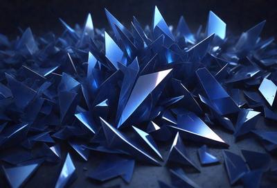 The primary subject of the image is a pile of blue glass shards, which are the main objects in the scene. The setting is a dark background, which contrasts with the blue glass shards. The visual style of the image is a close-up of the blue glass shards, showcasing their unique shapes and textures. The colors and mood of the image are predominantly dark and moody, with the blue glass shards serving as the focal point and creating a sense of depth and intrigue.