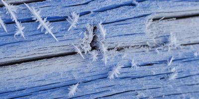 The primary subject of the image is a wooden surface with a blue background. The setting appears to be an outdoor environment, possibly a snowy or icy surface. The visual style of the image is a photo, capturing the frosty and icy conditions. The dominant colors in the image are blue and white, creating a cold and wintry atmosphere.