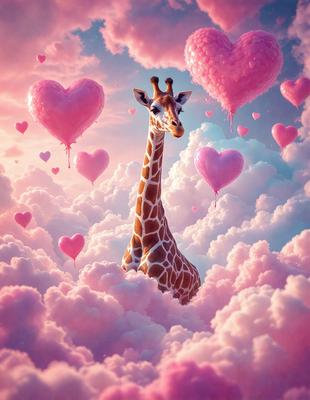 The primary subject of the image is a giraffe standing in a cloudy, pink sky filled with hearts. The setting is a whimsical, surreal environment, with the giraffe being the main focus of the scene. The visual style is a combination of photo and digital art, creating a unique and imaginative atmosphere. The dominant colors are pink and white, with the hearts adding a playful and romantic touch to the scene.