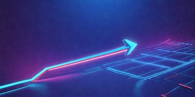 The primary subject of the image is a blue arrow pointing upwards. The arrow is part of a blue and pink gradient, which gives the scene a vibrant and colorful appearance. The setting is a dark background, which contrasts with the bright colors of the arrow. The visual style of the image is a combination of digital art and illustration, creating a unique and eye-catching design. The overall atmosphere of the image is energetic and dynamic, with the arrow symbolizing movement and progress.
