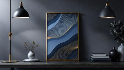 The primary subject of the image is a large, blue and gold abstract painting displayed on a wall. The painting features a wave-like pattern, giving it a dynamic and artistic appearance. The setting is a room with a table and a vase, which adds to the overall atmosphere of the space. The visual style of the image is a combination of artistic expression and digital art, creating a unique and captivating piece. The dominant colors in the painting are blue and gold, which contribute to the overall mood of the image, ev